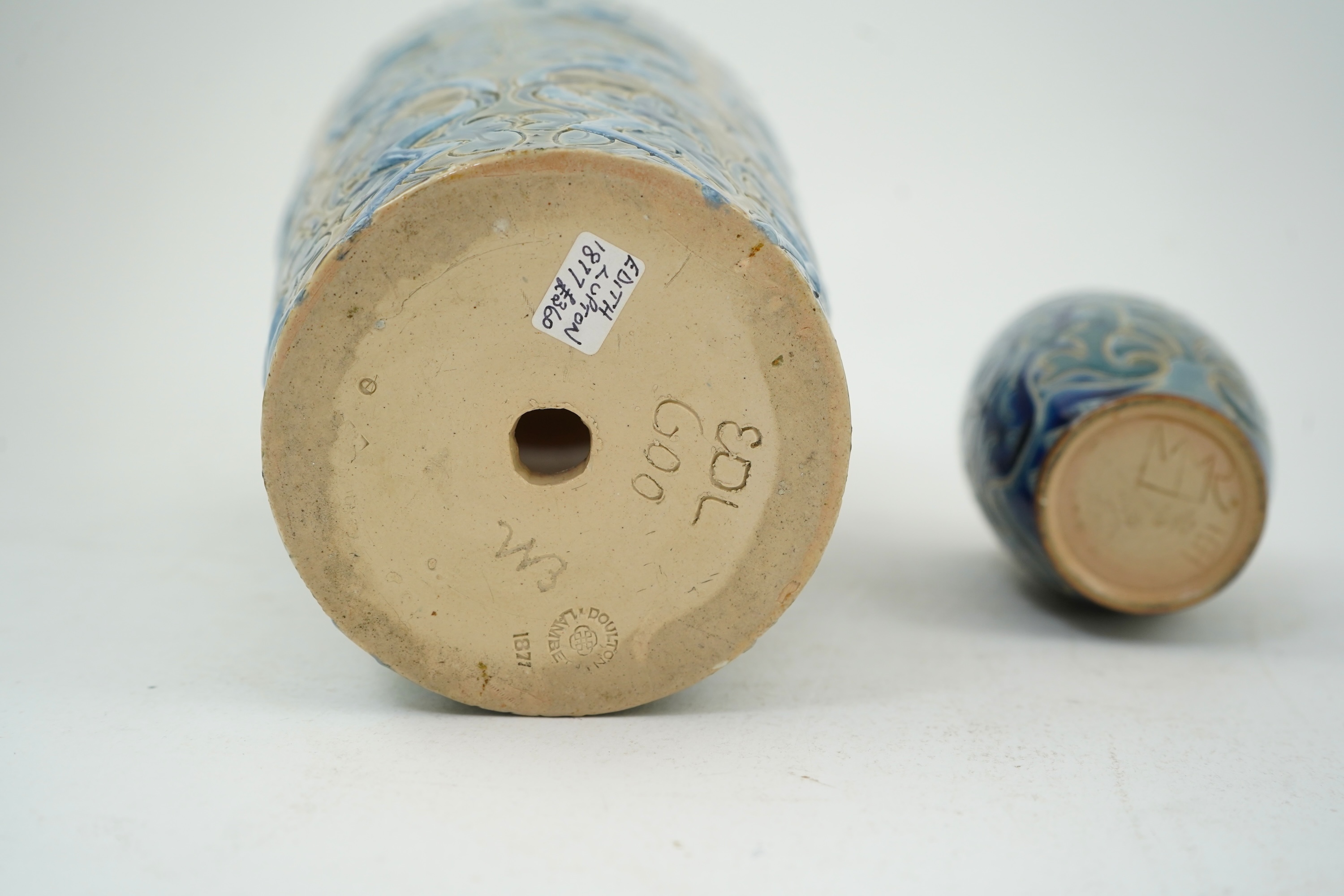 A Doulton Edith Lupton stoneware vase, drill hole to base, together with a similar Martha Rogers silver mounted cup, Tallest 31cm